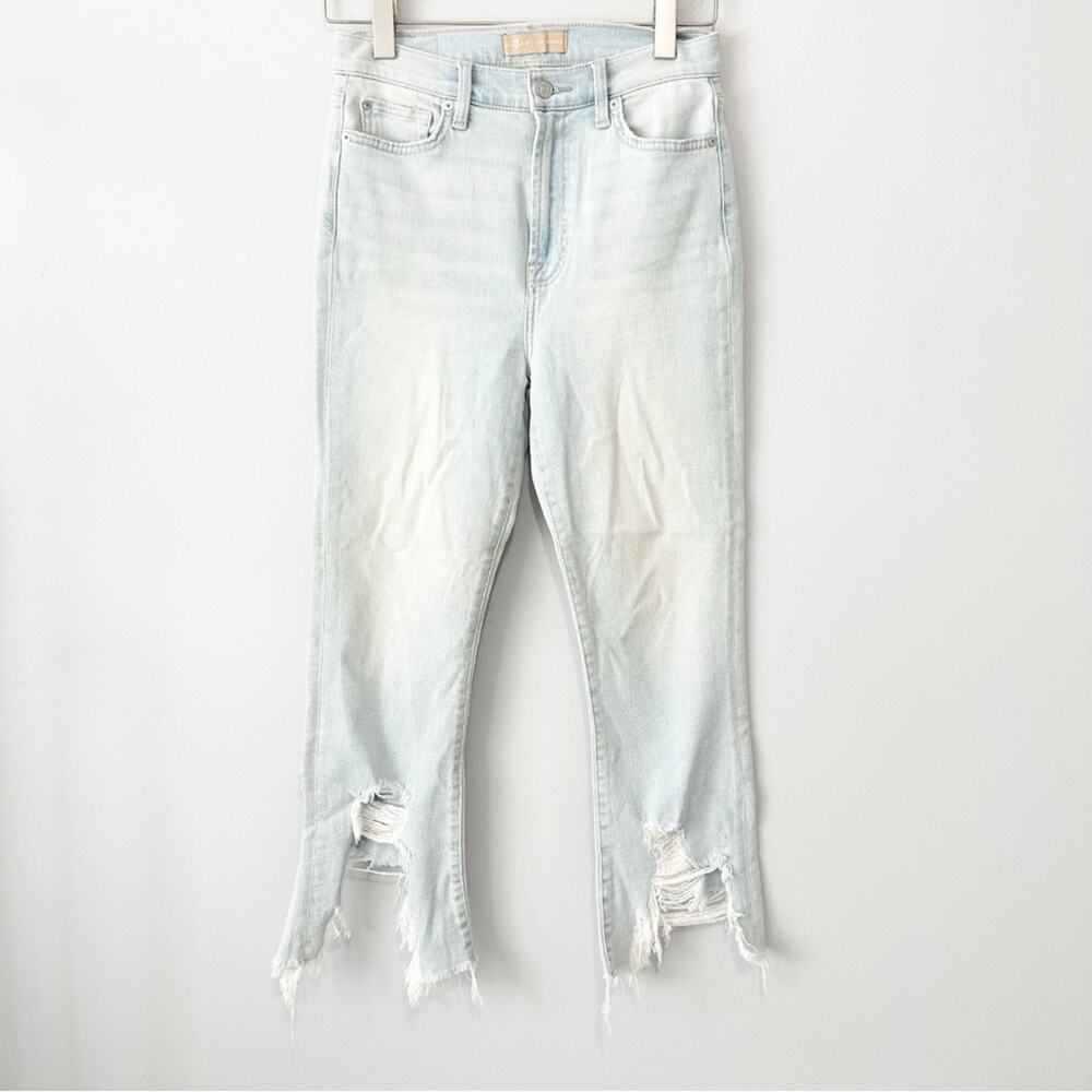 7 for all mankind luxe high waist slim kick distressed ankle jeans blue denim 28